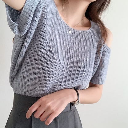 Short Sleeve Cold Shoulder Solid Knit Top