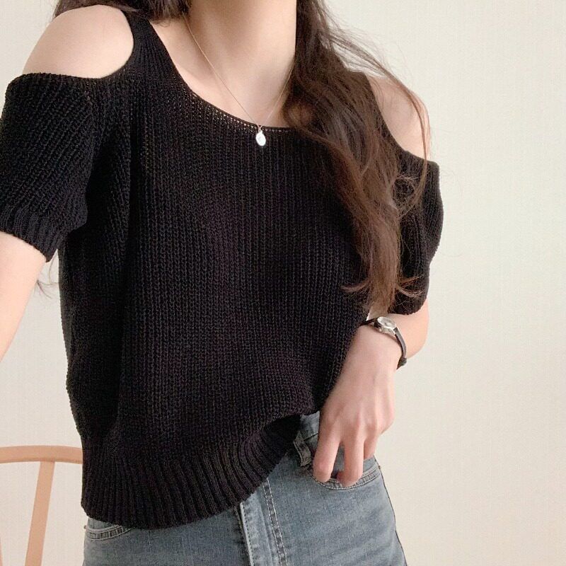 Short Sleeve Cold Shoulder Solid Knit Top