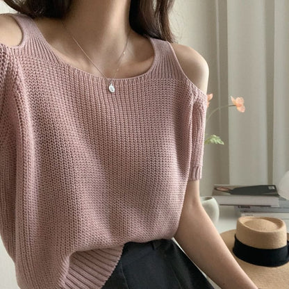 Short Sleeve Cold Shoulder Solid Knit Top