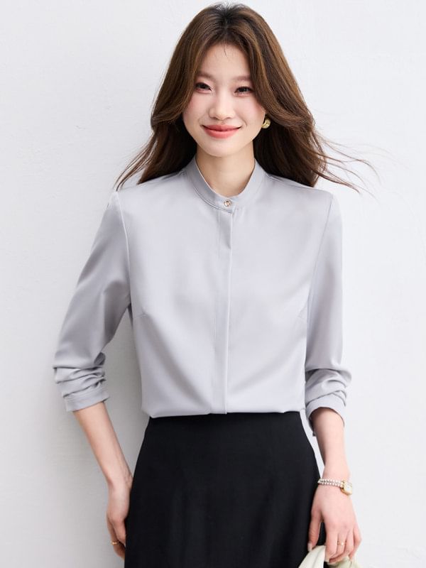 Short Sleeve Band Collar Solid Button-Up Shirt
