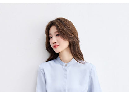 Short Sleeve Band Collar Solid Button-Up Shirt