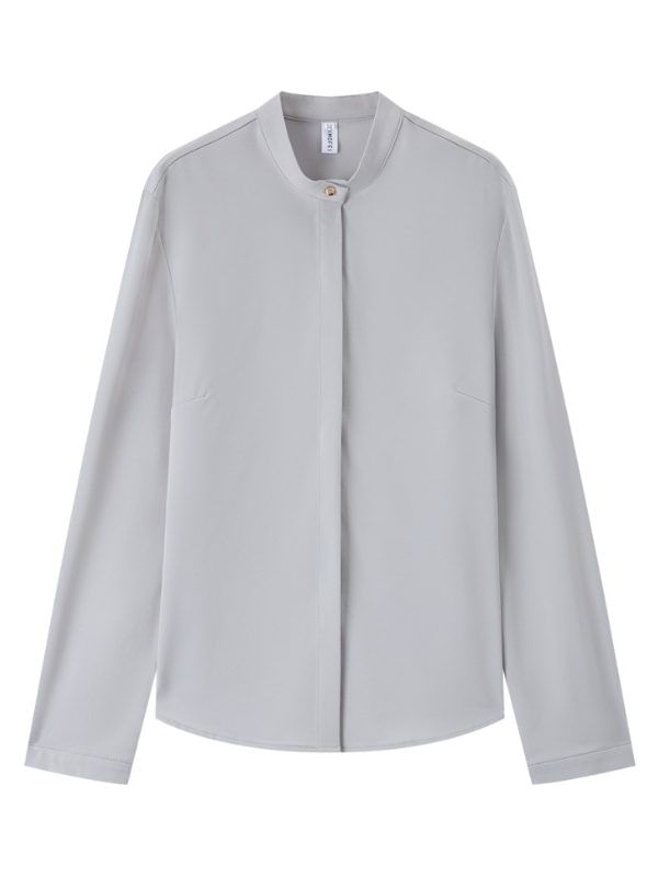 Short Sleeve Band Collar Solid Button-Up Shirt