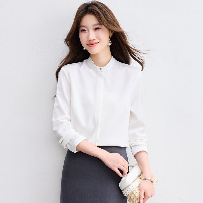 Short Sleeve Band Collar Solid Button-Up Shirt