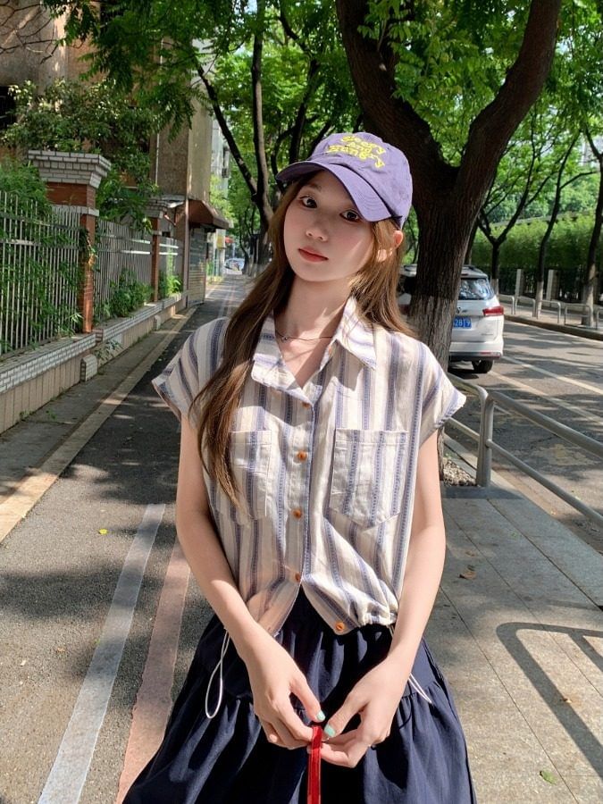 Cap Sleeve Striped Collared Button-Up Shirt