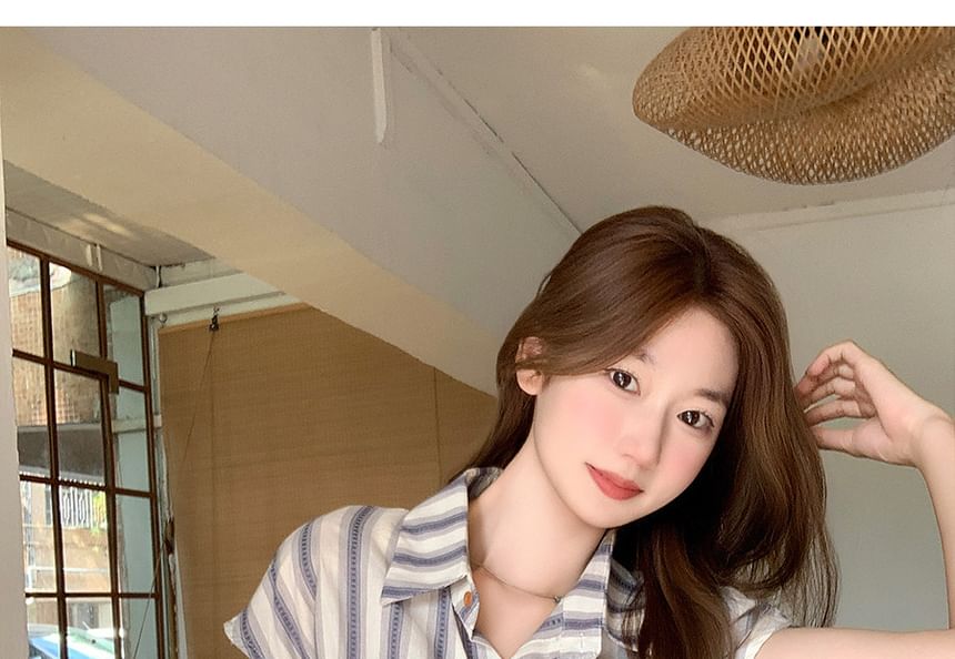 Cap Sleeve Striped Collared Button-Up Shirt