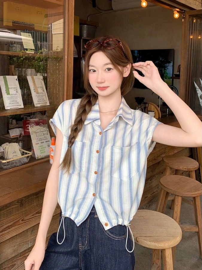 Cap Sleeve Striped Collared Button-Up Shirt