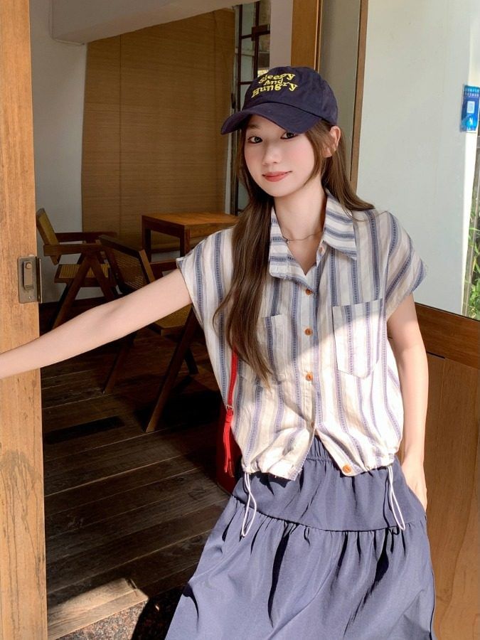 Cap Sleeve Striped Collared Button-Up Shirt