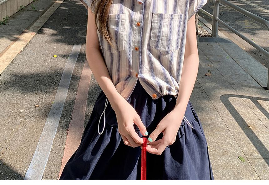 Cap Sleeve Striped Collared Button-Up Shirt