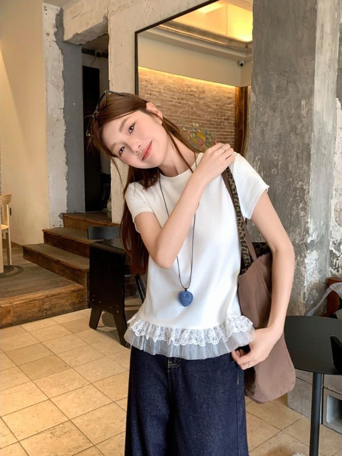Short Sleeve Crew Neck Lace Trim Solid T-Shirt