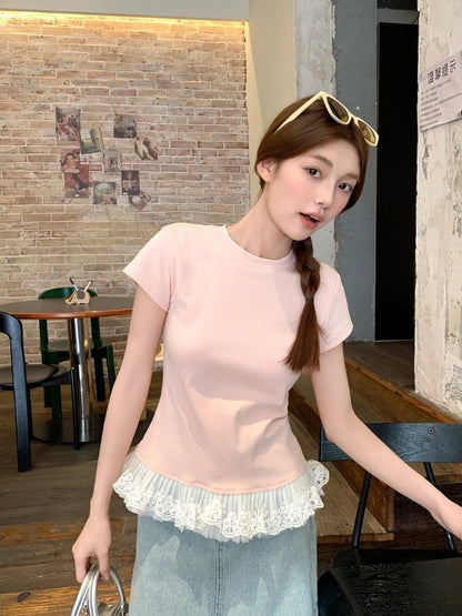 Short Sleeve Crew Neck Lace Trim Solid T-Shirt