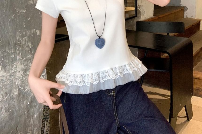 Short Sleeve Crew Neck Lace Trim Solid T-Shirt