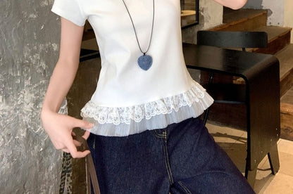 Short Sleeve Crew Neck Lace Trim Solid T-Shirt