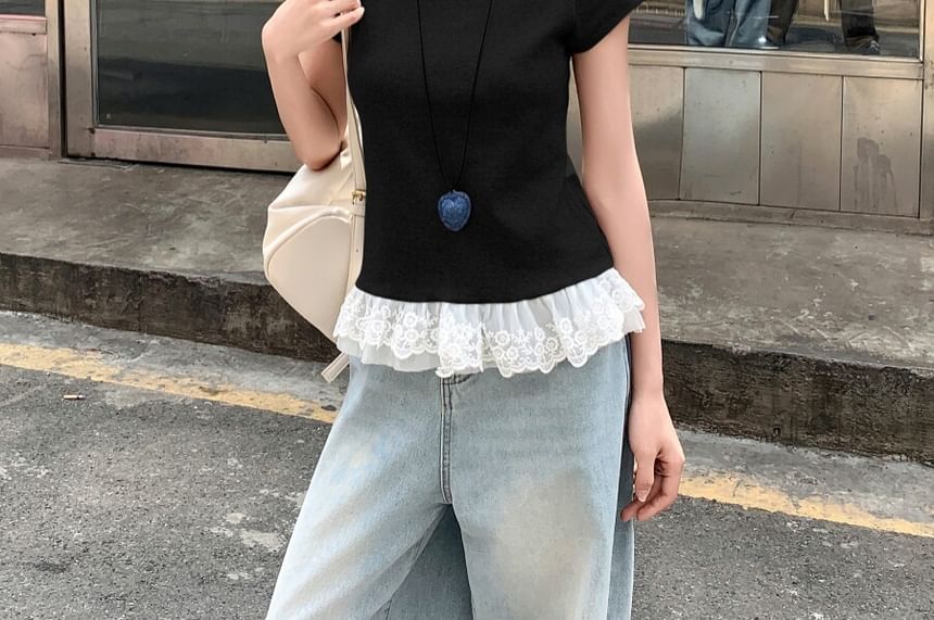 Short Sleeve Crew Neck Lace Trim Solid T-Shirt