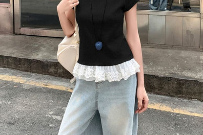 Short Sleeve Crew Neck Lace Trim Solid T-Shirt