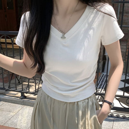 Short Sleeve V-Neck Solid T-Shirt