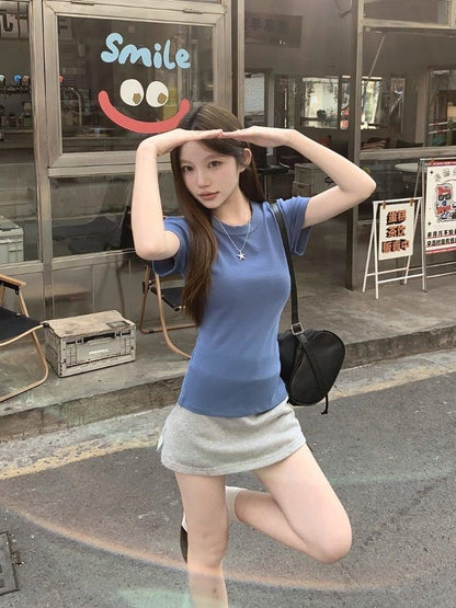 Short Sleeve Crew Neck Ruched Solid T-Shirt