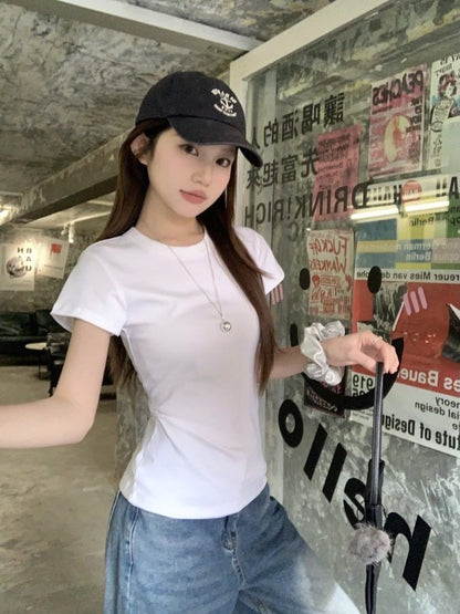 Short Sleeve Crew Neck Ruched Solid T-Shirt