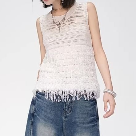 Fluffy Panel Crew Neck Sleeveless Knit Top