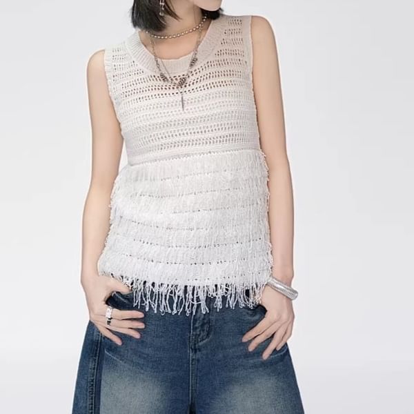 Fluffy Panel Crew Neck Sleeveless Knit Top