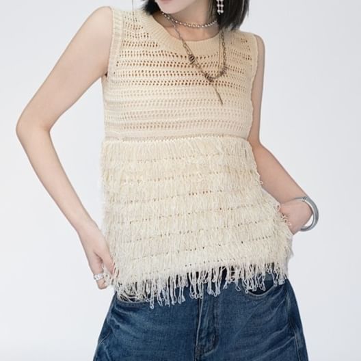 Fluffy Panel Crew Neck Sleeveless Knit Top