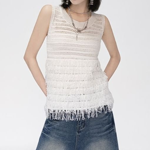 Fluffy Panel Crew Neck Sleeveless Knit Top