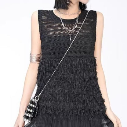 Fluffy Panel Crew Neck Sleeveless Knit Top