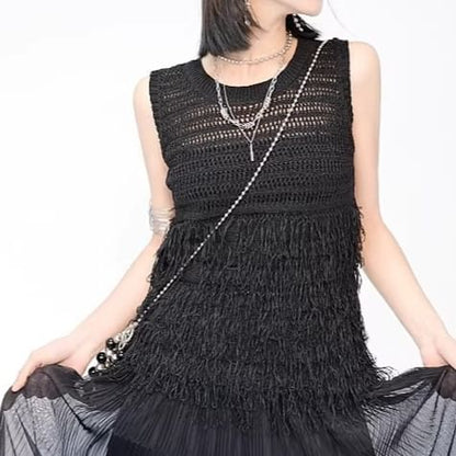 Fluffy Panel Crew Neck Sleeveless Knit Top