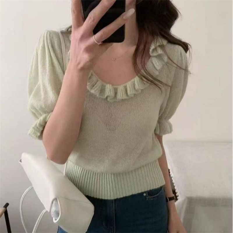 Ruffle-Trimmed Scoop Neck Knit Top with Short Sleeves