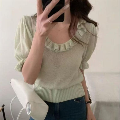 Ruffle-Trimmed Scoop Neck Knit Top with Short Sleeves