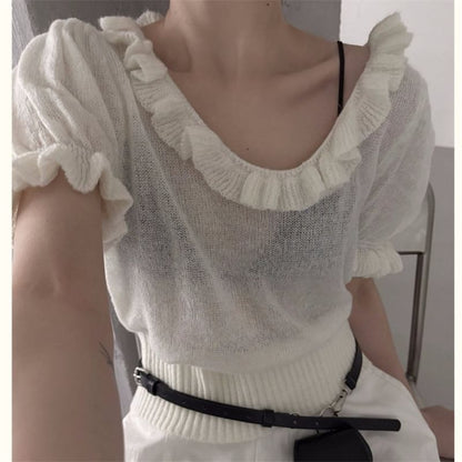Ruffle-Trimmed Scoop Neck Knit Top with Short Sleeves