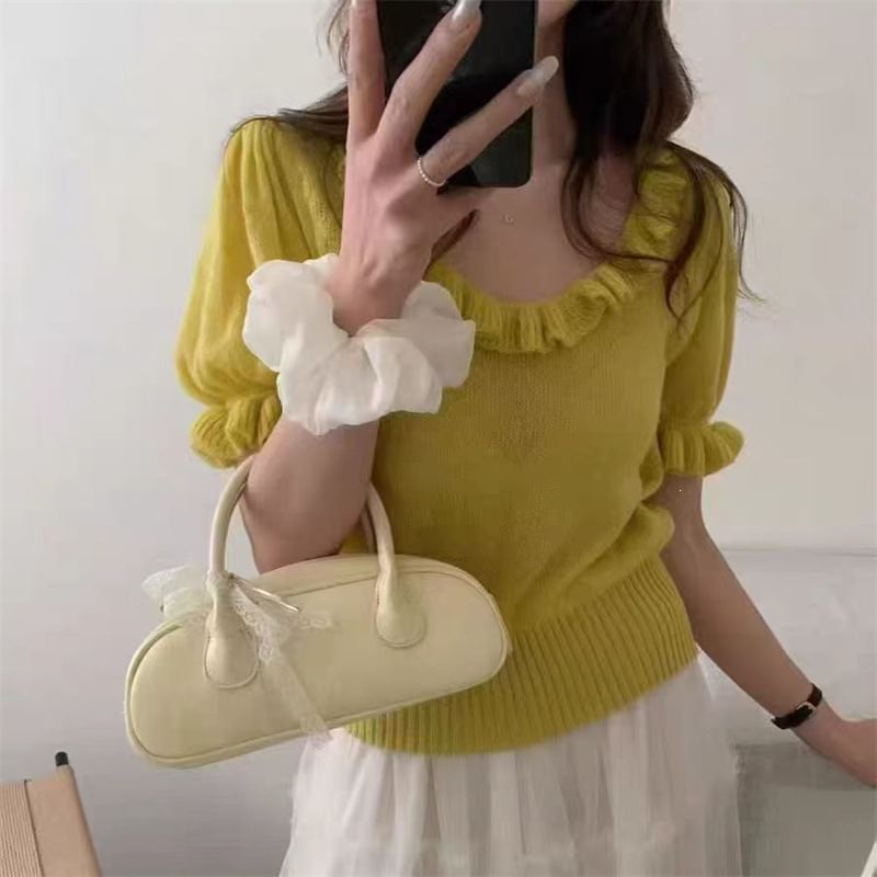 Ruffle-Trimmed Scoop Neck Knit Top with Short Sleeves