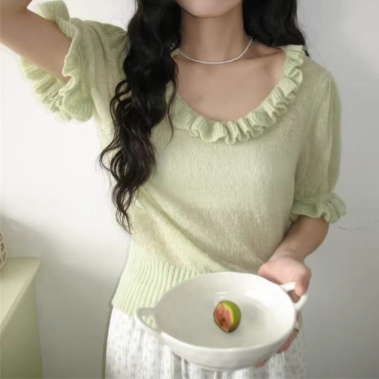 Ruffle-Trimmed Scoop Neck Knit Top with Short Sleeves