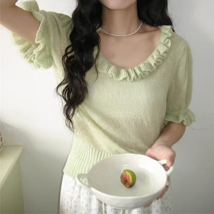 Ruffle-Trimmed Scoop Neck Knit Top with Short Sleeves