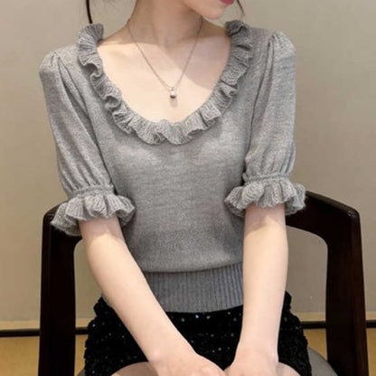 Ruffle-Trimmed Scoop Neck Knit Top with Short Sleeves