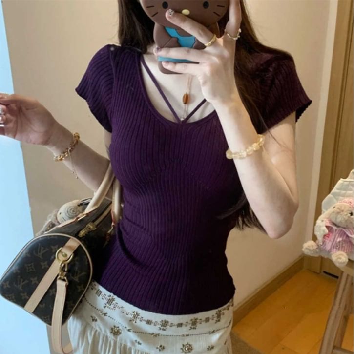 Ribbed Scoop Neck Short-Sleeve Knit Top