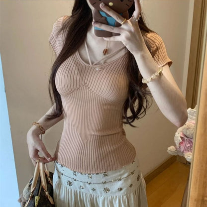 Ribbed Scoop Neck Short-Sleeve Knit Top