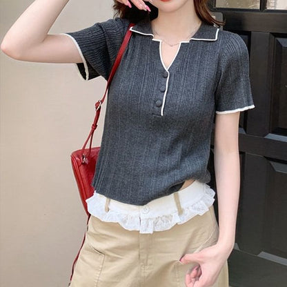 Contrast-Trim Henley V-Neck Short-Sleeve Knit