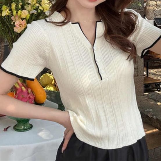 Contrast-Trim Henley V-Neck Short-Sleeve Knit