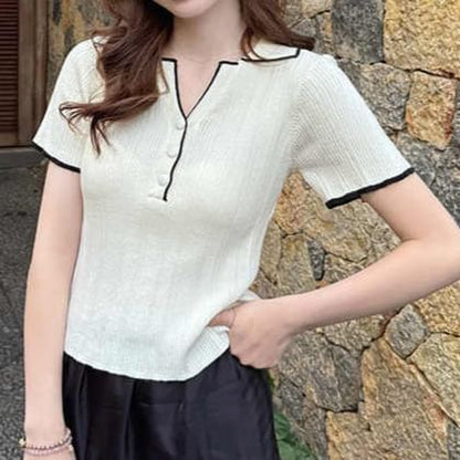 Contrast-Trim Henley V-Neck Short-Sleeve Knit