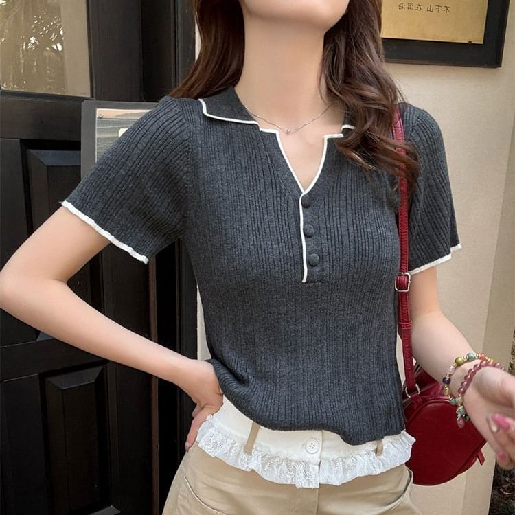 Contrast-Trim Henley V-Neck Short-Sleeve Knit