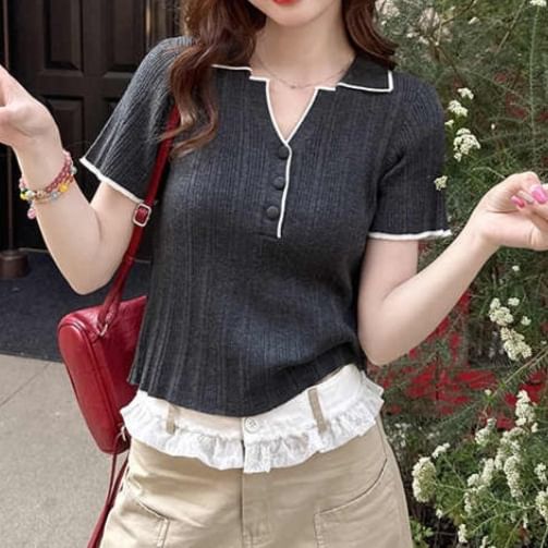 Contrast-Trim Henley V-Neck Short-Sleeve Knit