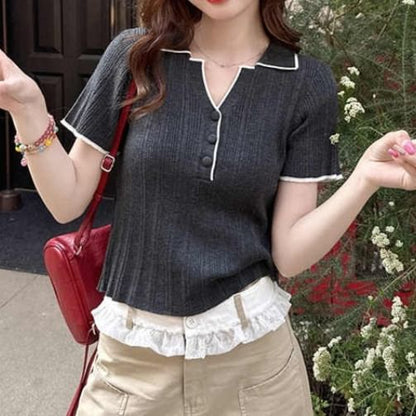 Contrast-Trim Henley V-Neck Short-Sleeve Knit