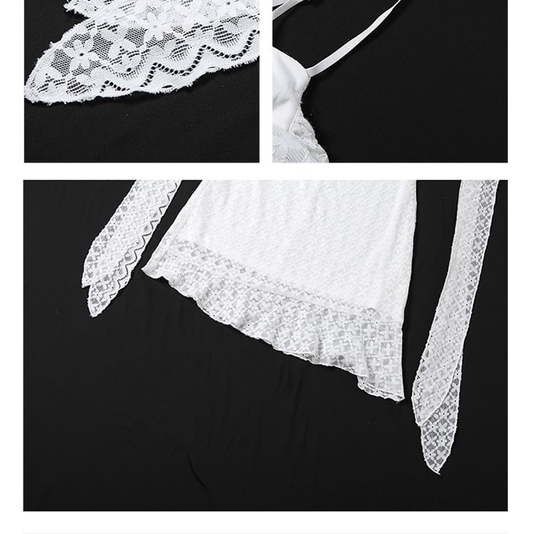 Spaghetti Strap V-Neck Plain Lace Mini Bodycon Dress
