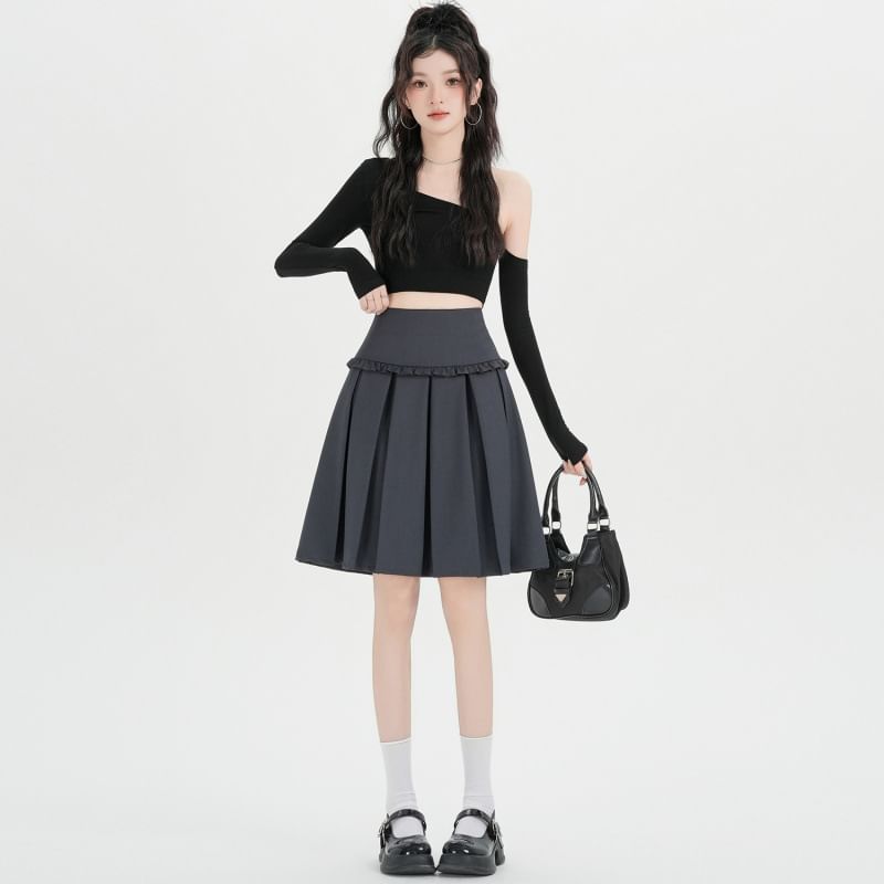High Waist Plain A-Line Pleated Skirt