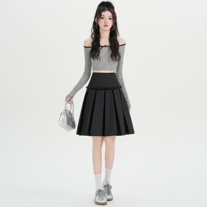 High Waist Plain A-Line Pleated Skirt