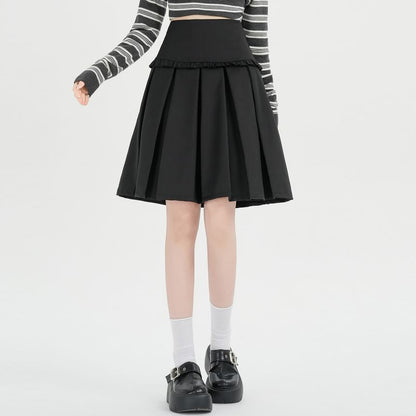 High Waist Plain A-Line Pleated Skirt
