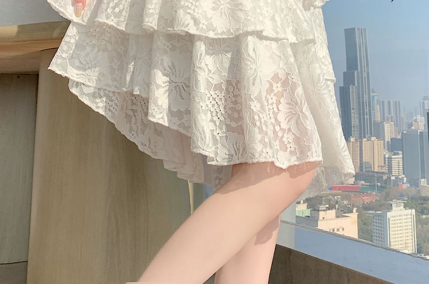 Mid Waist Lace Asymmetrical A-Line Skirt