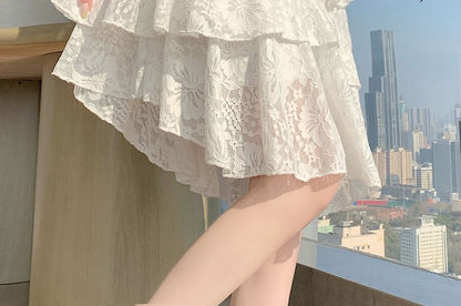 Mid Waist Lace Asymmetrical A-Line Skirt