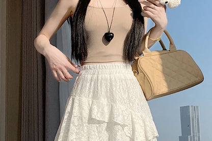Mid Waist Lace Asymmetrical A-Line Skirt