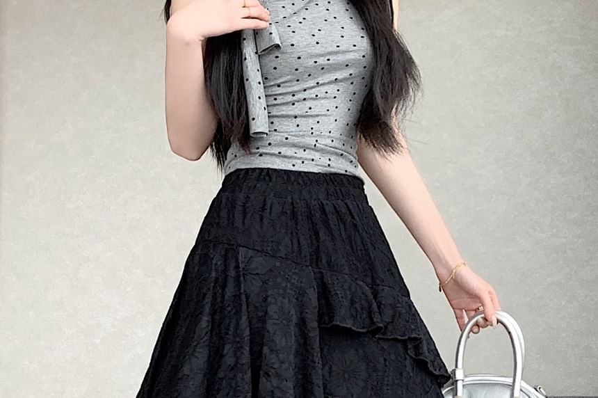 Mid Waist Lace Asymmetrical A-Line Skirt
